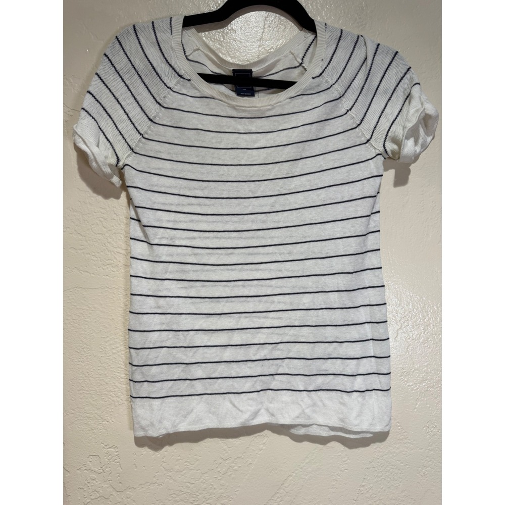 GAP Womens Short‎ Sleeve Striped Knit Top White Navy Blue Scoop Neck XS 238909